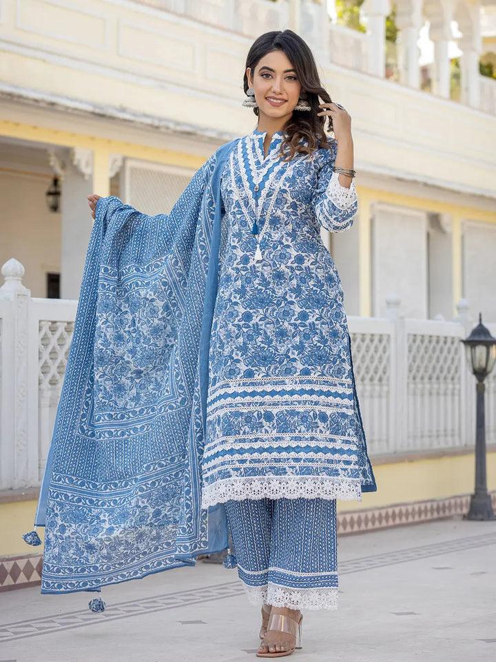 Blue Lacework Pakistani Style Kurta Trouser And Dupatta Set