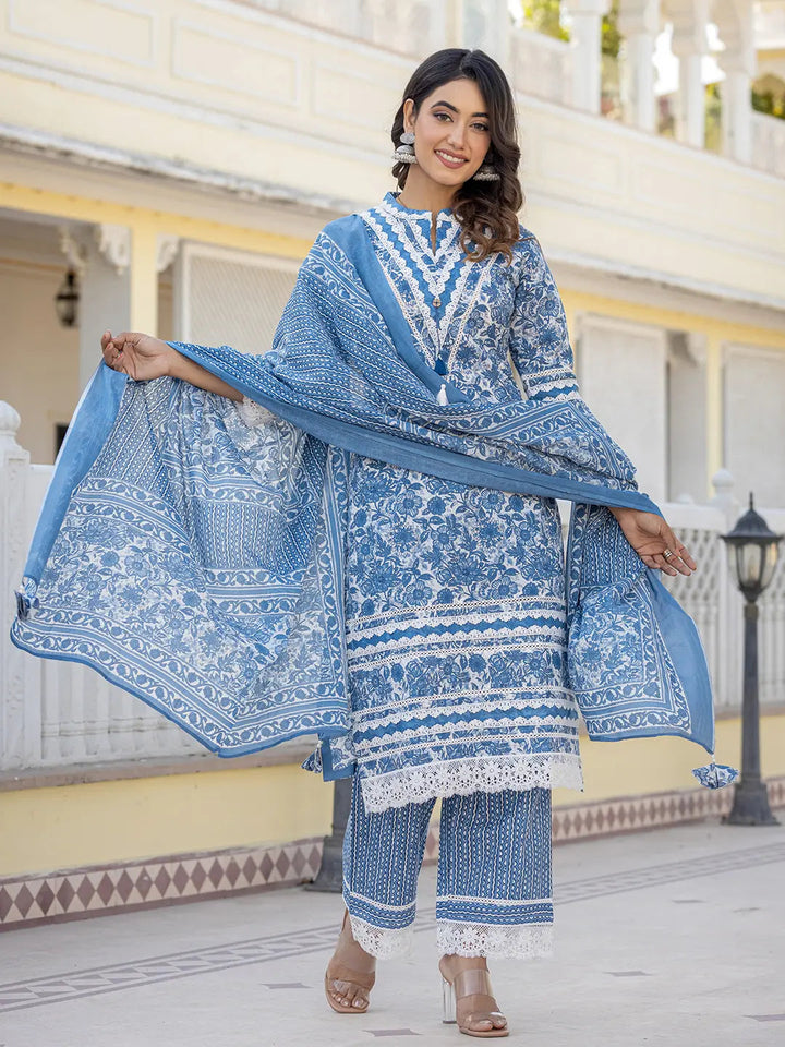 Blue Lacework Pakistani Style Kurta Trouser And Dupatta Set