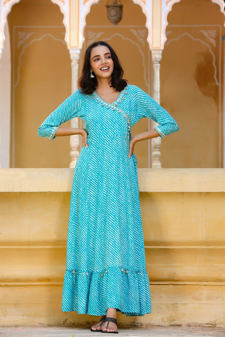Blue Lehariya Printed Dress-Yufta Store-9201DRSBLS