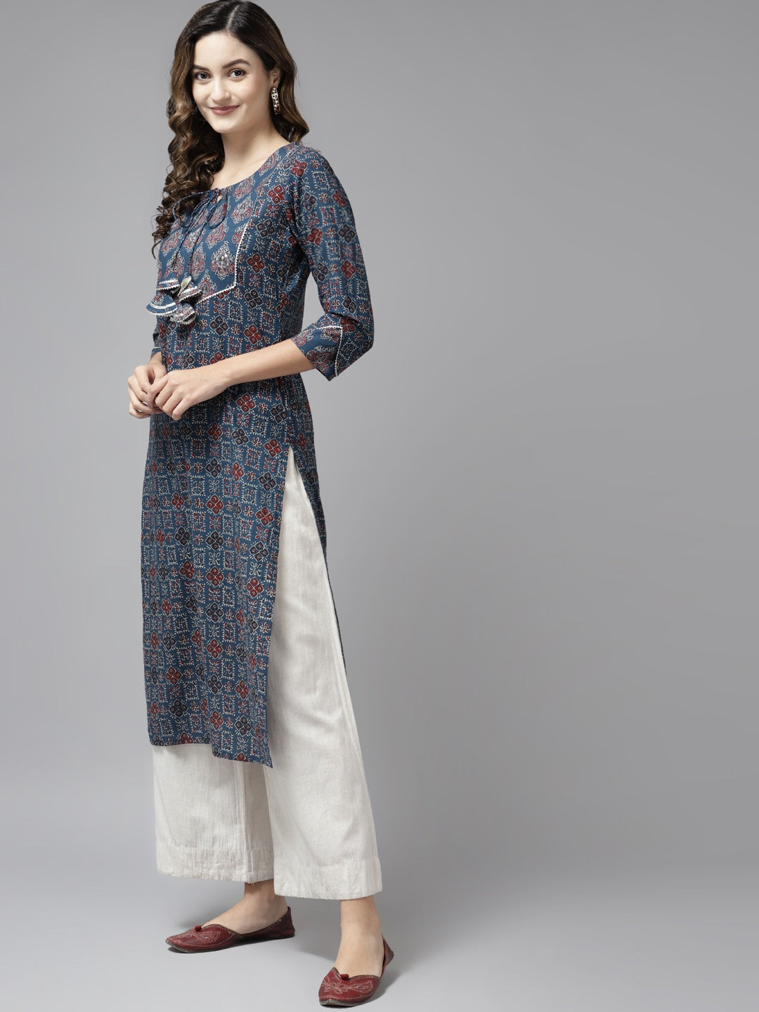 Blue & Maroon Printed Kurta-Yufta Store-9581KURBLS