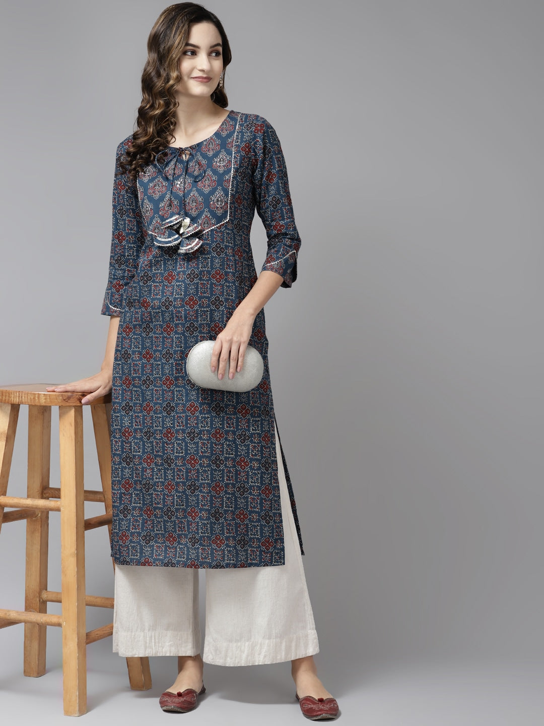 Blue & Maroon Printed Kurta-Yufta Store-9581KURBLS