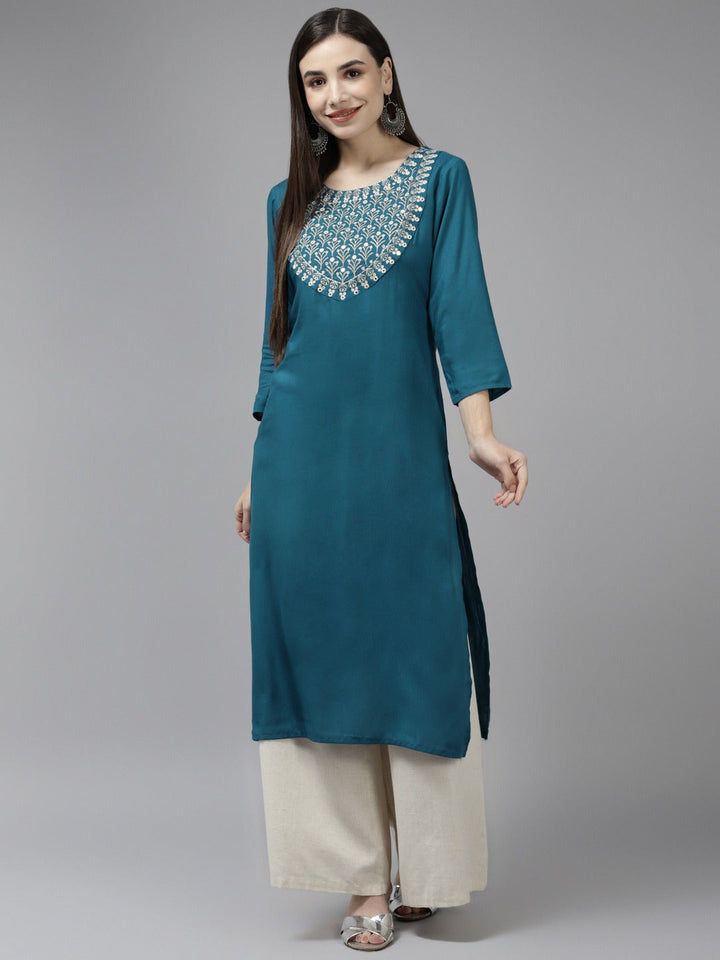 Blue Mirror Work Kurta-Yufta Store-9860KURTBS