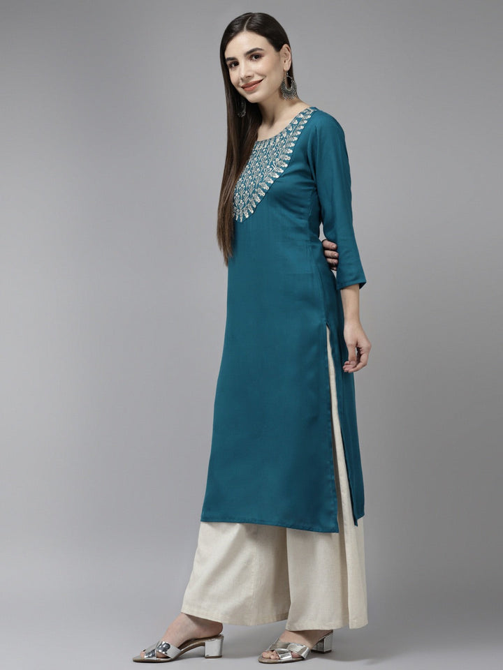 Blue Mirror Work Kurta-Yufta Store-9860KURTBS