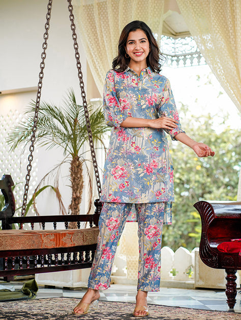 Blue Muslin silk Floral Print Co-ord set-Yufta Store-1588CRDBLS