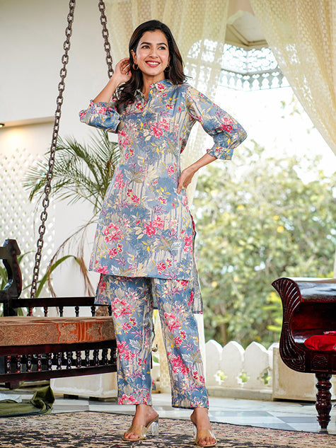 Blue Muslin silk Floral Print Co-ord set with embroidery buttons-Yufta Store-1588CRDBLS