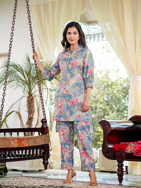 Blue Muslin silk Floral Print Co-ord set with embroidery buttons-Yufta Store-1588CRDBLS