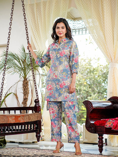 Blue Muslin silk Floral Print Co-ord set-Yufta Store-1588CRDBLS