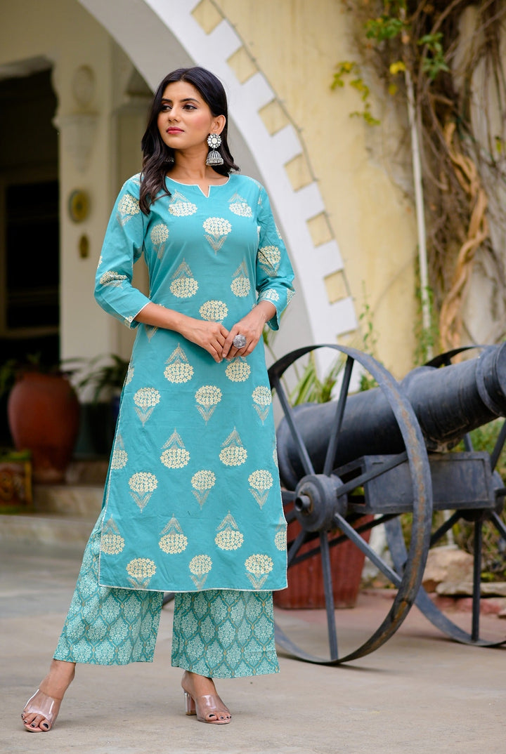 Blue & Off-White Printed Kurta Set-Yufta Store-YUFEKSET702S