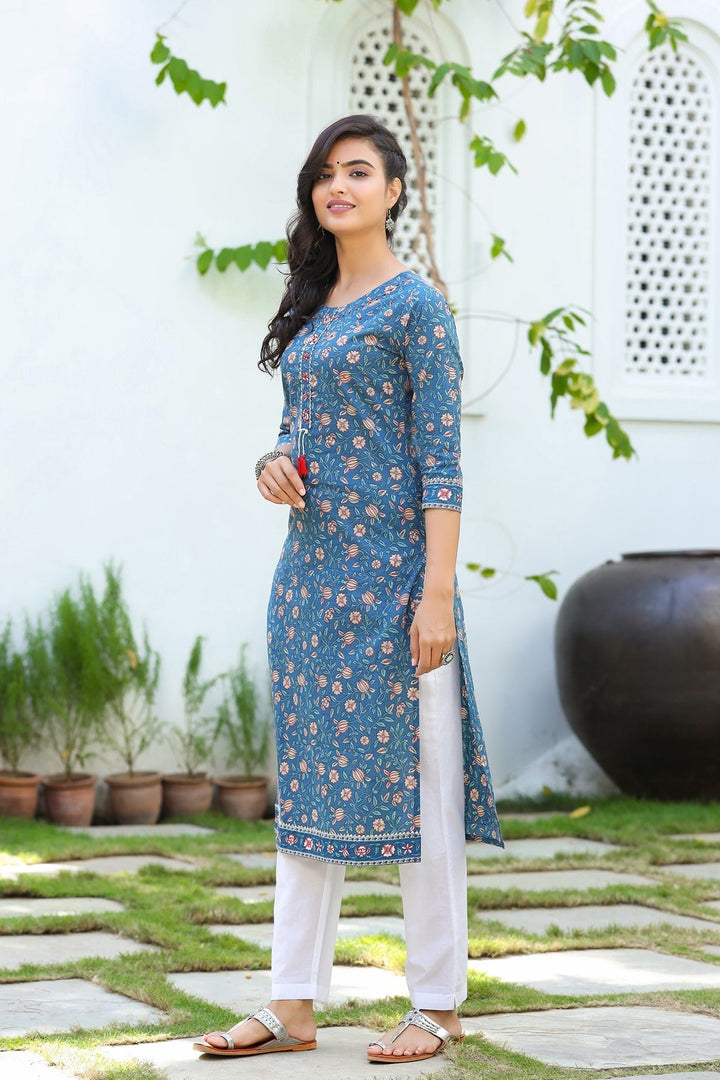 Blue & Offwhite Printed Kurta Set-Yufta Store-9304SETBLS