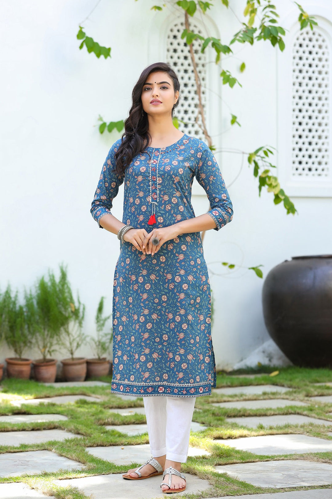 Blue & Offwhite Printed Kurta Set-Yufta Store-9304SETBLS