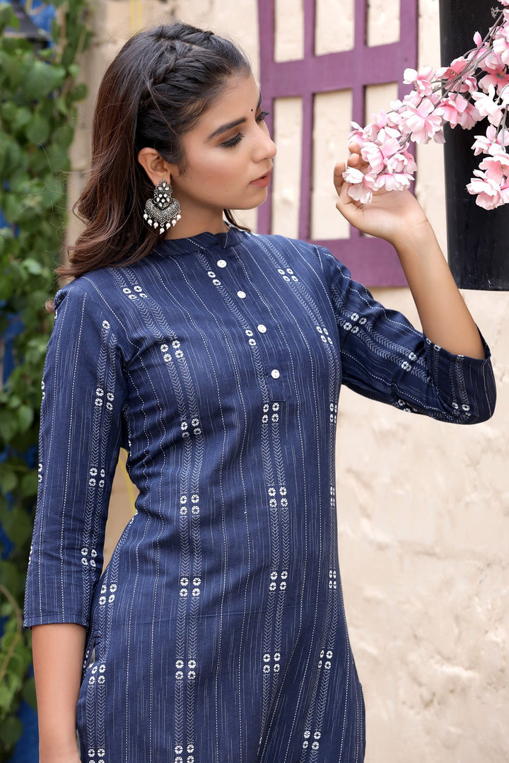 Blue & Offwhite Straight Kurta-Yufta Store-9133KURBLM