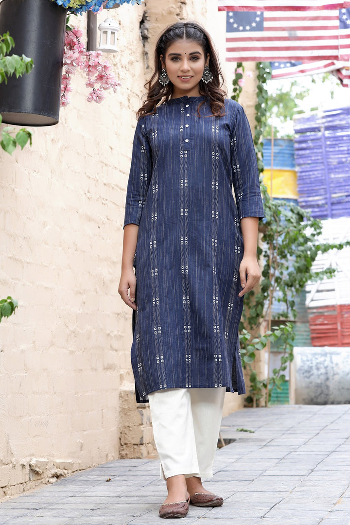 Blue & Offwhite Straight Kurta-Yufta Store-9133KURBLM