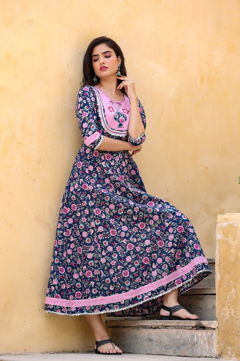 Blue & Pink Printed Dress-Yufta Store-4401DRSBLM