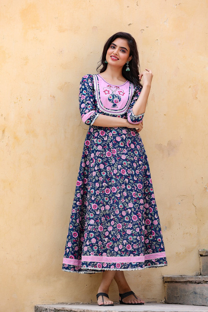 Blue & Pink Printed Dress-Yufta Store-4401DRSBLM