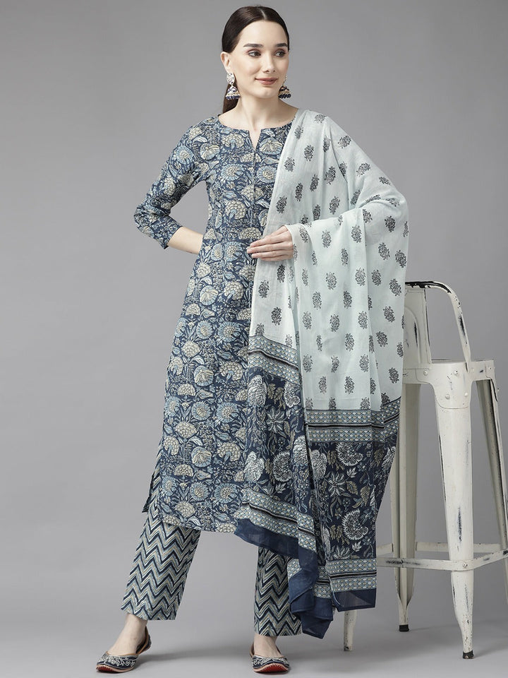 Blue Print Cotton Dupatta Set-Yufta Store-9816SKDBLS