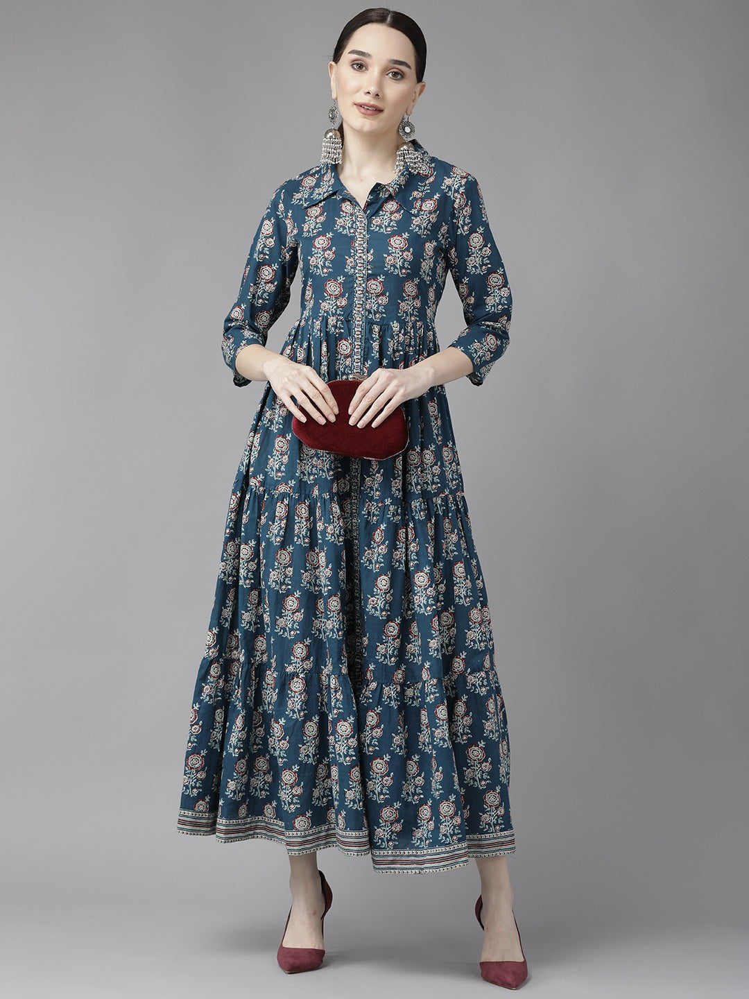 Blue Print Cotton Maxi Dress-Yufta Store-9690DRSBLS