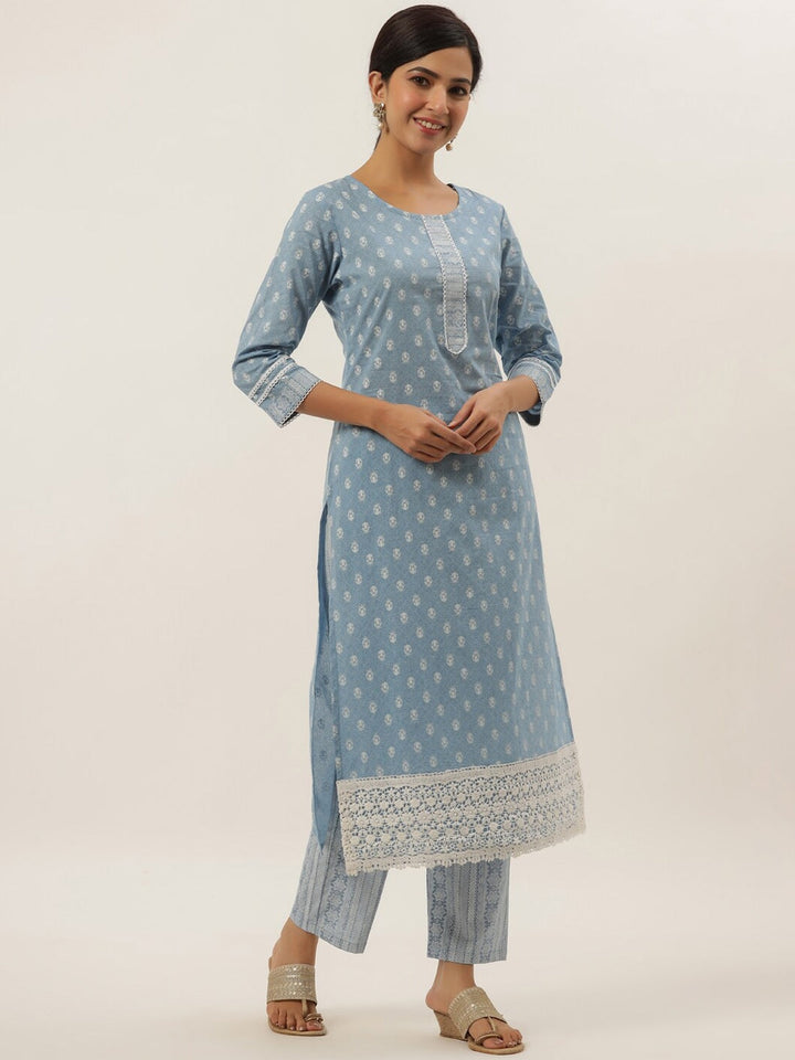 Blue Printed Cotton Kurta Set-Yufta Store-9521SETSBS