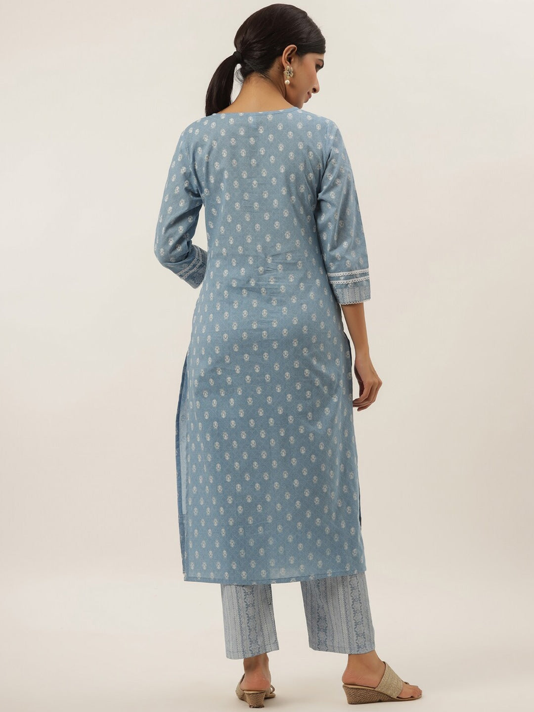 Blue Printed Cotton Kurta Set-Yufta Store-9521SETSBS