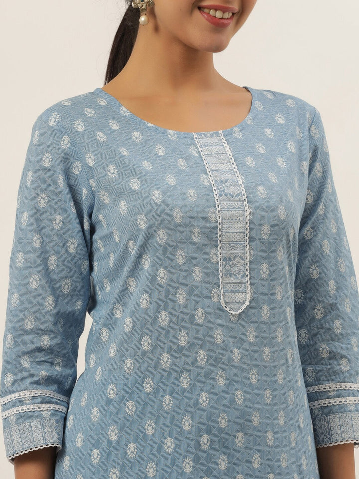 Blue Printed Cotton Kurta Set-Yufta Store-9521SETSBS