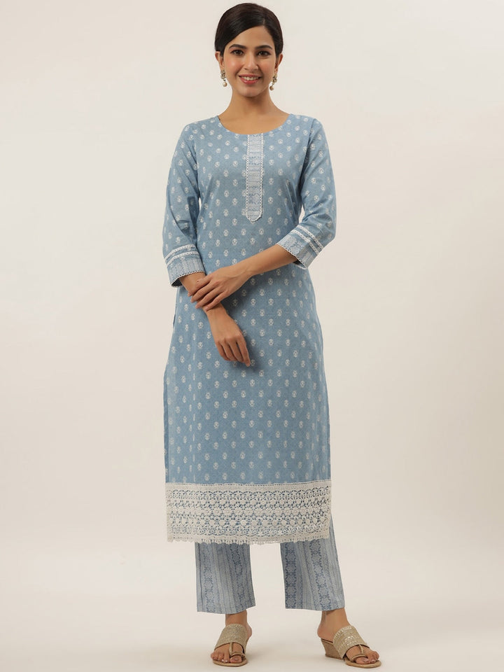 Blue Printed Cotton Kurta Set-Yufta Store-9521SETSBS