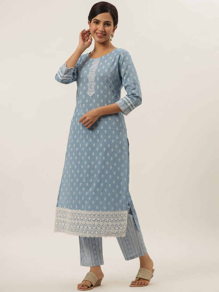 Blue Printed Cotton Kurta Set-Yufta Store-9521SETSBS