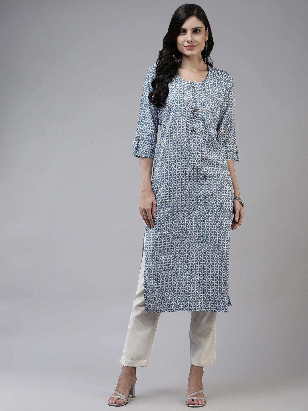 Blue Printed Cotton Kurta-Yufta Store-4786KURBLM