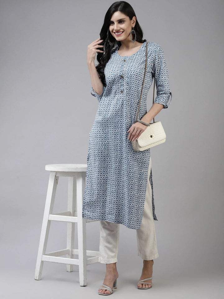 Blue Printed Cotton Kurta-Yufta Store-4786KURBLM