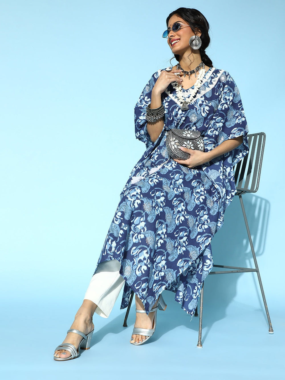 Blue Printed Kaftan Kurta