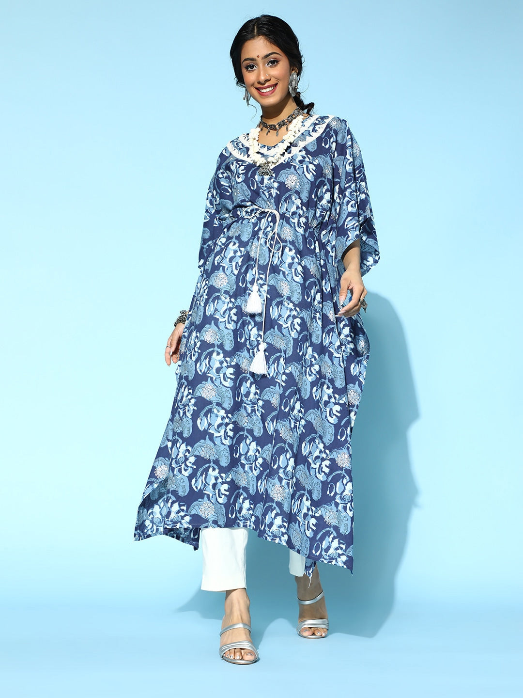 Blue Printed Kaftan Kurta-Yufta Store-9537KFTBLS