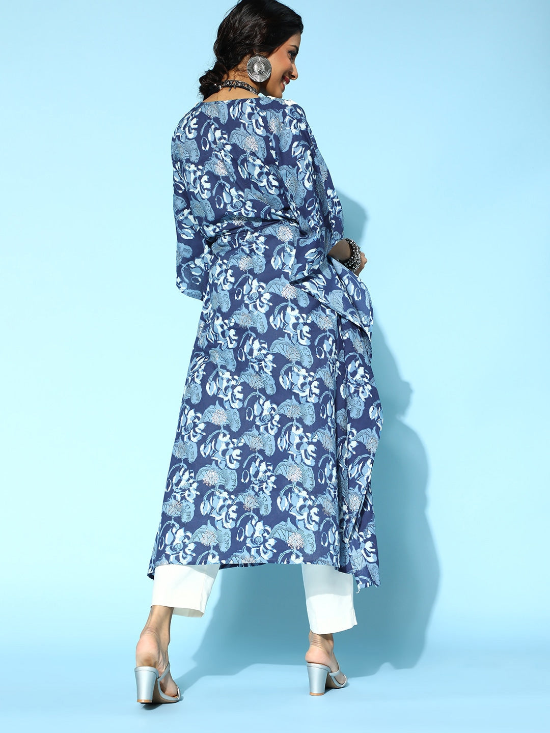 Blue Printed Kaftan Kurta-Yufta Store-9537KFTBLS