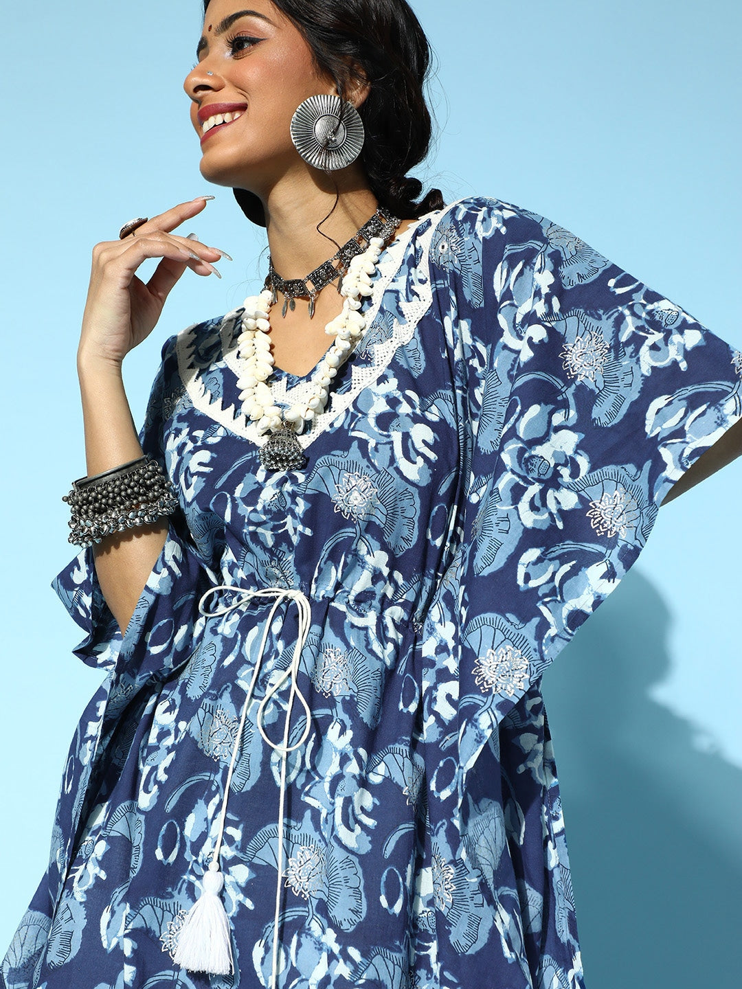 Blue Printed Kaftan Kurta