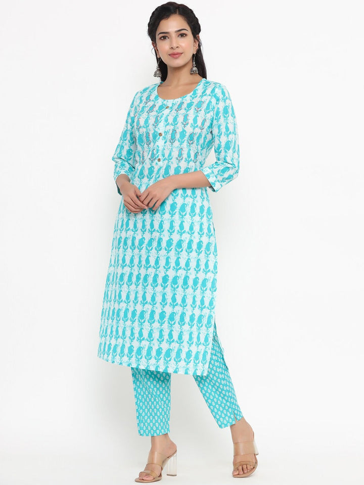 Blue Printed Kurta Set-Yufta Store-4766SETSGM