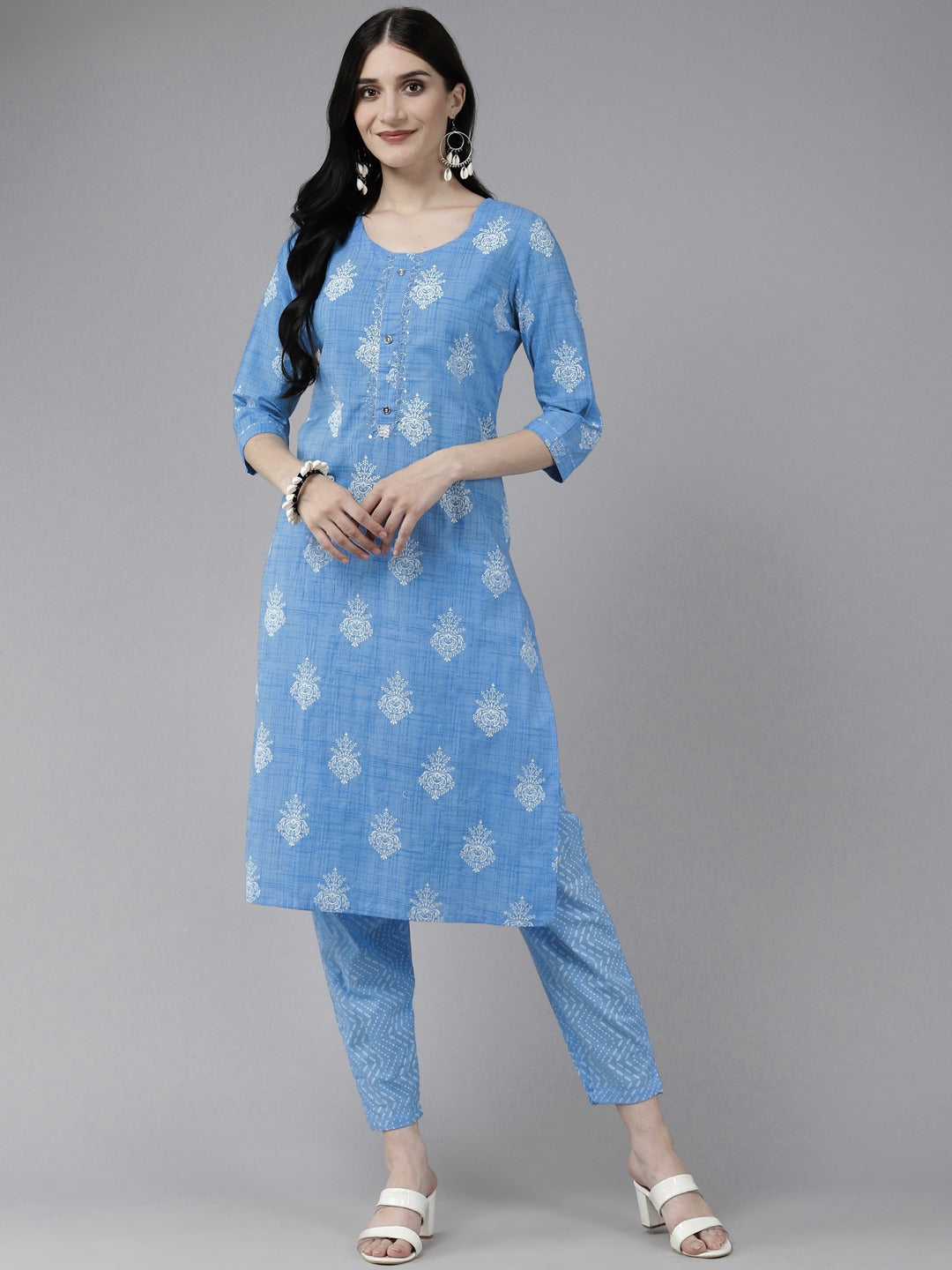 Blue Printed Kurta Set-Yufta Store-4767SETBLM