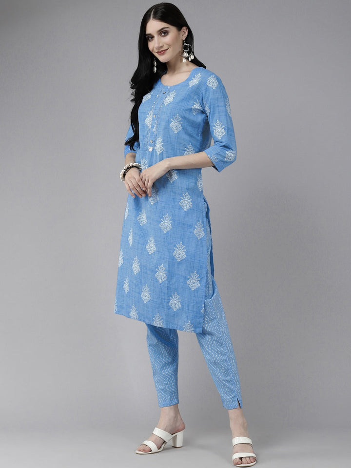 Blue Printed Kurta Set-Yufta Store-4767SETBLM