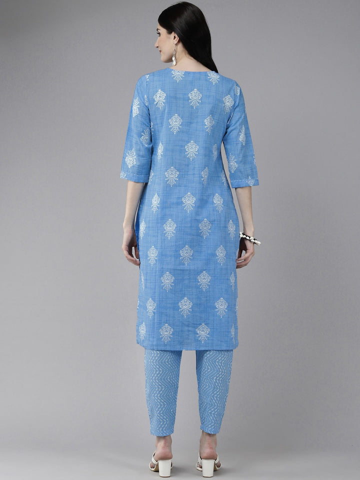 Blue Printed Kurta Set-Yufta Store-4767SETBLM