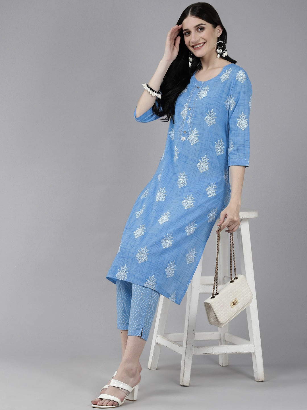 Blue Printed Kurta Set-Yufta Store-4767SETBLM