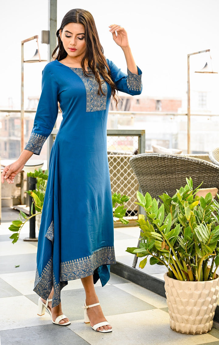 Blue Printed Kurta-Yufta Store-7748KURBLS