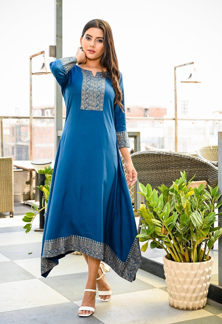 Blue Printed Kurta-Yufta Store-7748KURBLS