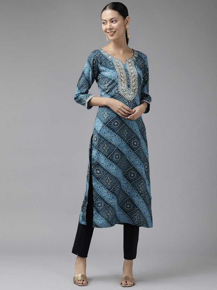 Blue Printed Kurta-Yufta Store-9343KURBLS