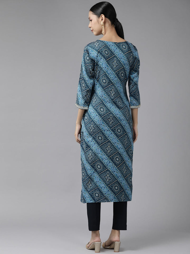 Blue Printed Kurta-Yufta Store-9343KURBLS