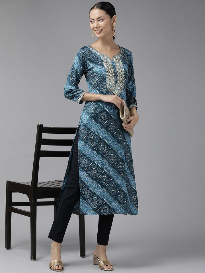 Blue Printed Kurta-Yufta Store-9343KURBLS