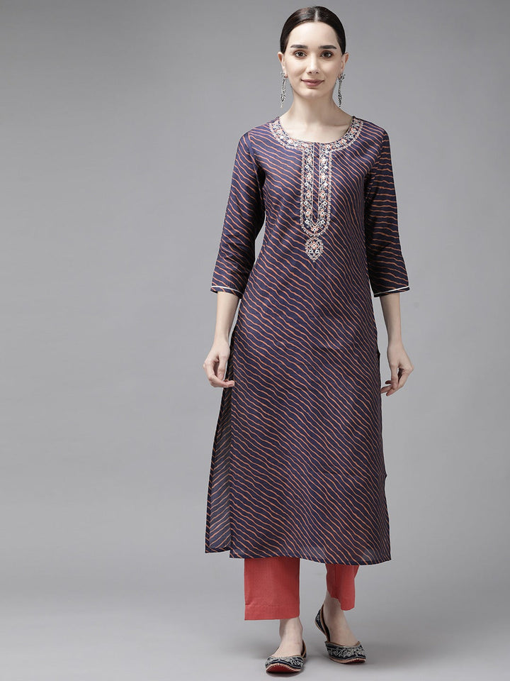 Blue Printed Mirror Work Kurta-Yufta Store-9856KURBLS