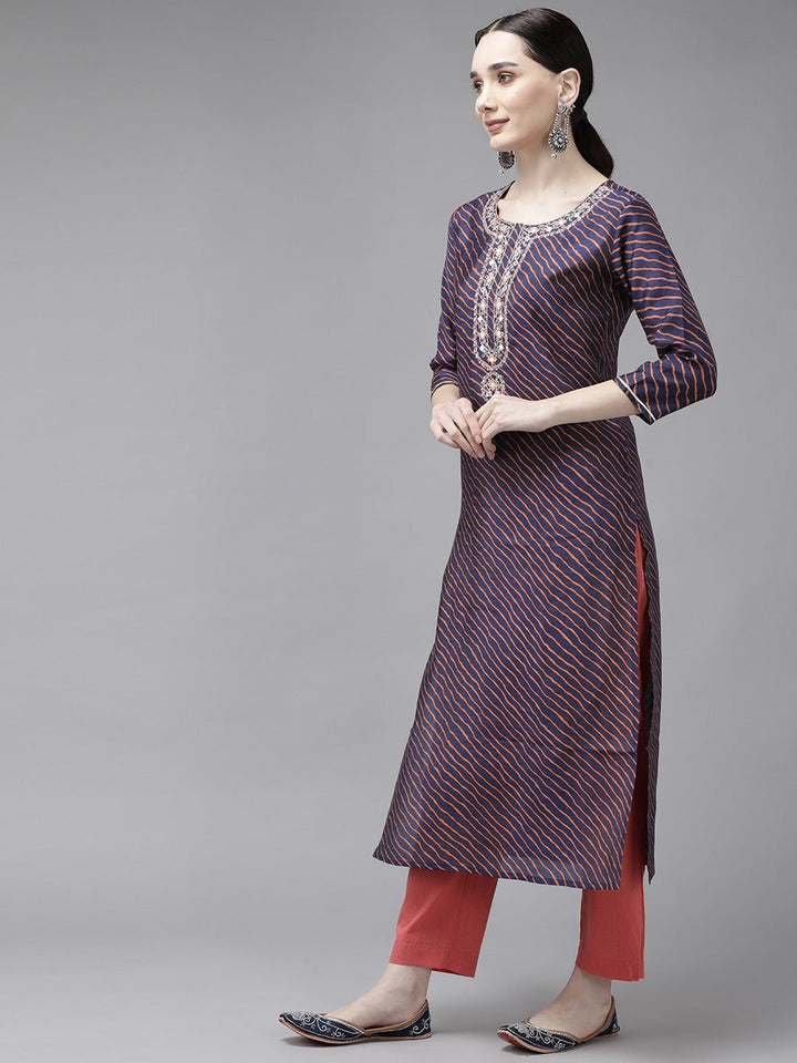 Blue Printed Mirror Work Kurta-Yufta Store-9856KURBLS