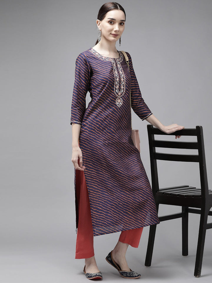 Blue Printed Mirror Work Kurta-Yufta Store-9856KURBLS