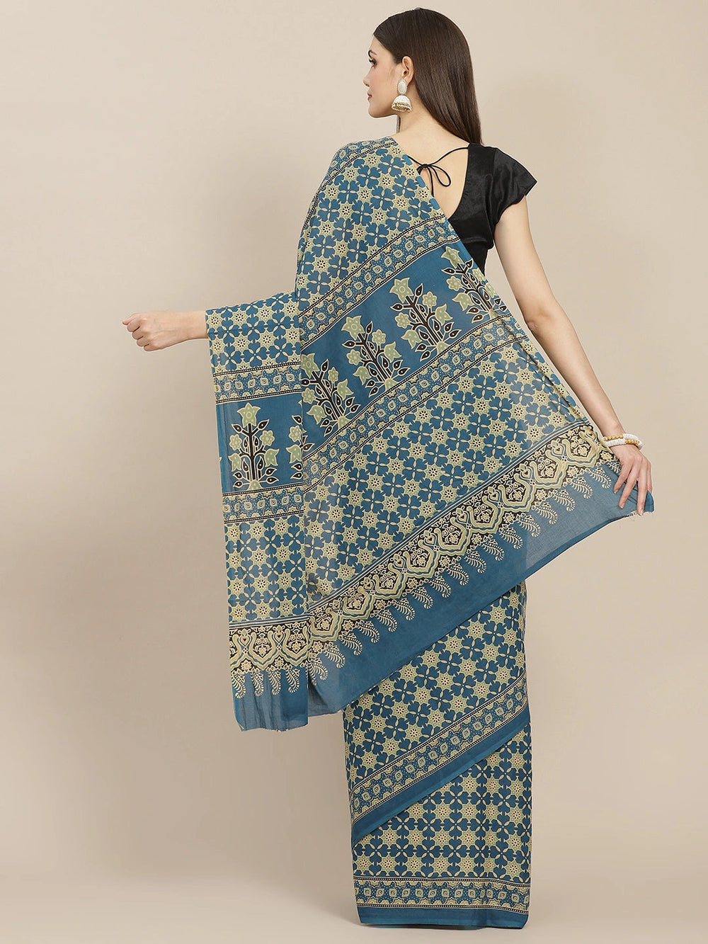 Blue Printed Solid Border Saree-Yufta Store-6051SARBL