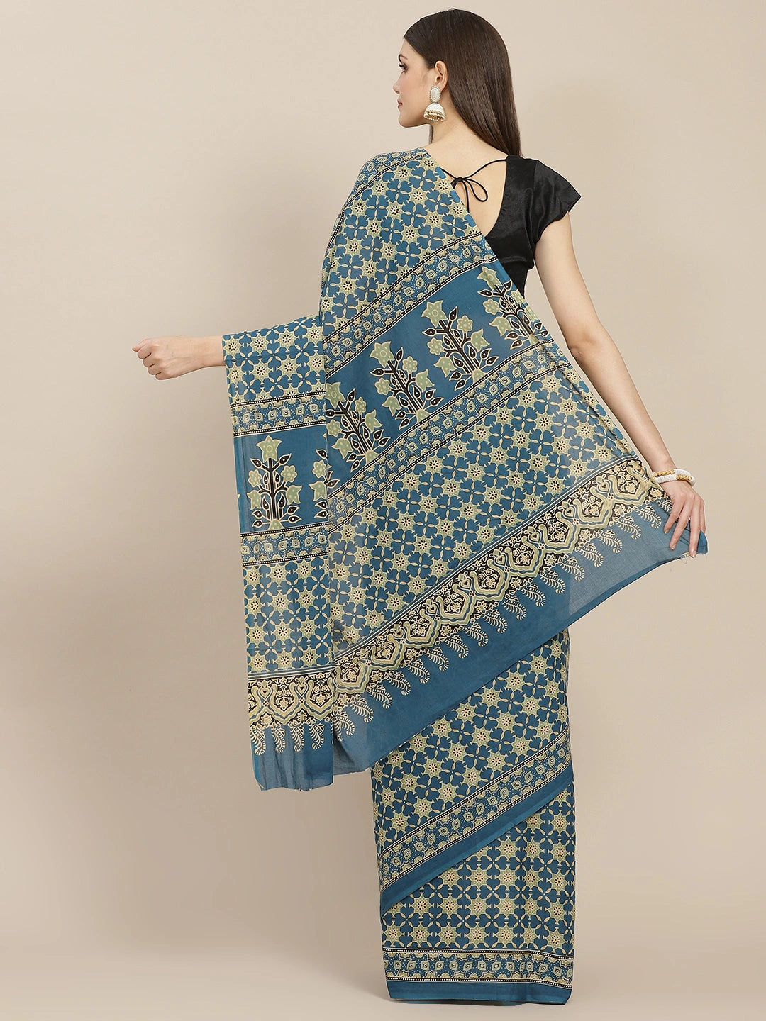 Blue Printed Solid Border Saree-Yufta Store-6051SARBL