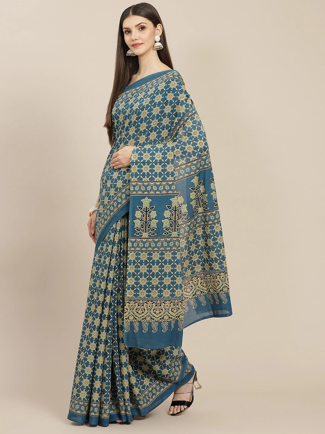 Blue Printed Solid Border Saree-Yufta Store-6051SARBL