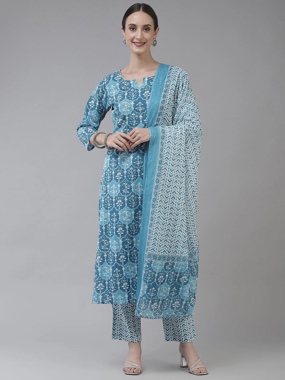 Blue Printed Straight Shape Regular Style Dupatta Set-Yufta Store-9757SKDBLS