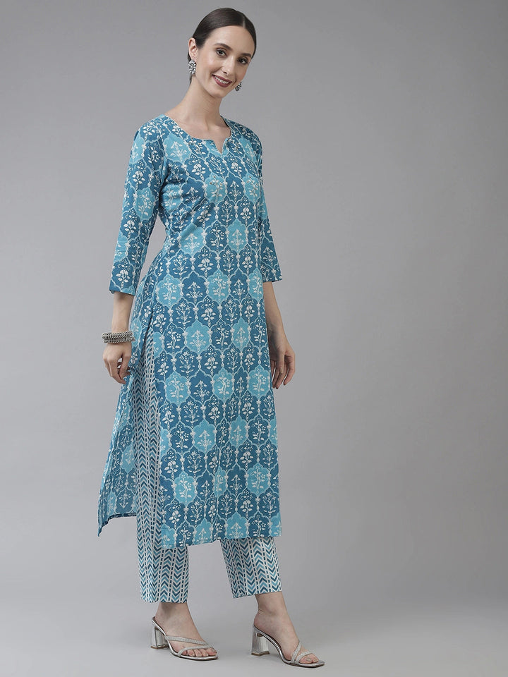 Blue Printed Straight Shape Regular Style Dupatta Set-Yufta Store-9757SKDBLS