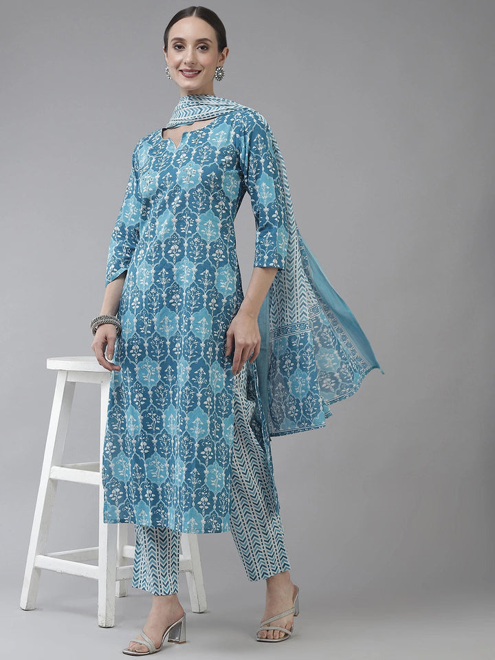 Blue Printed Straight Shape Regular Style Dupatta Set-Yufta Store-9757SKDBLS